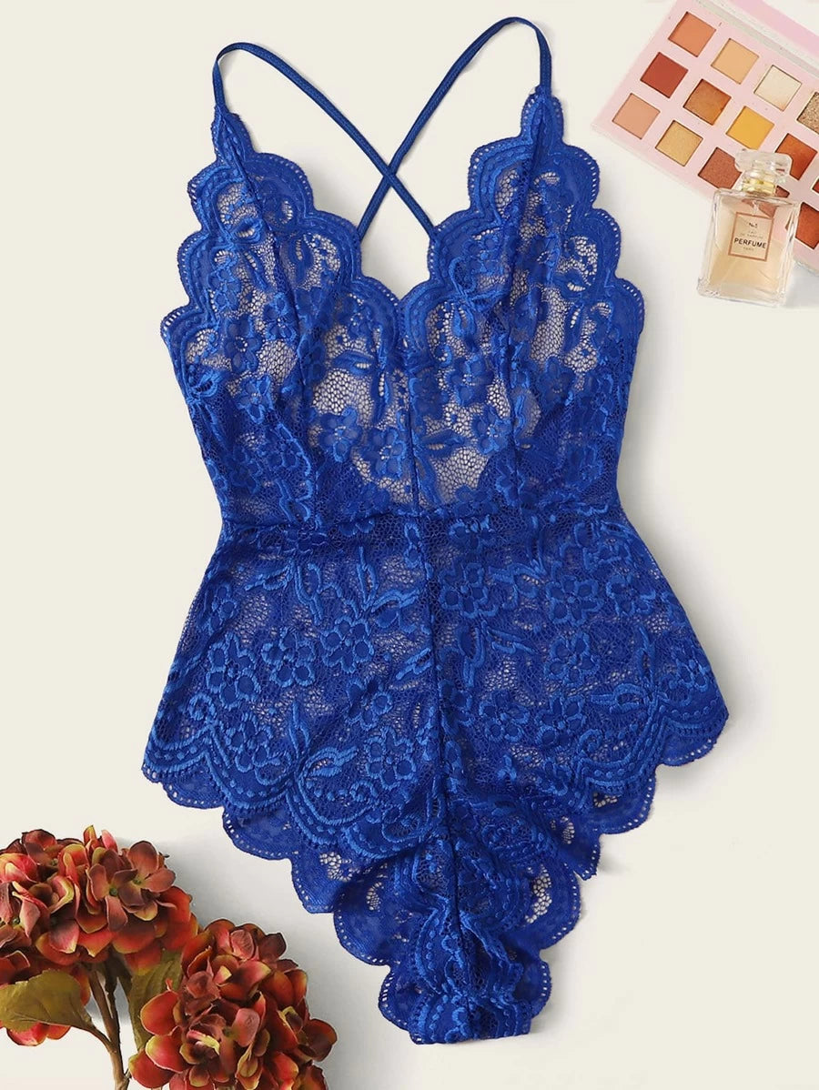 Floral Lace Teddy Bodysuit Blue