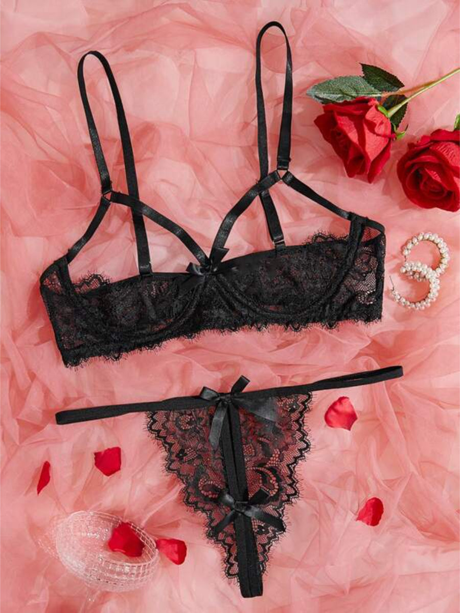 Floral Lace V Strings Underwire Lingerie Set