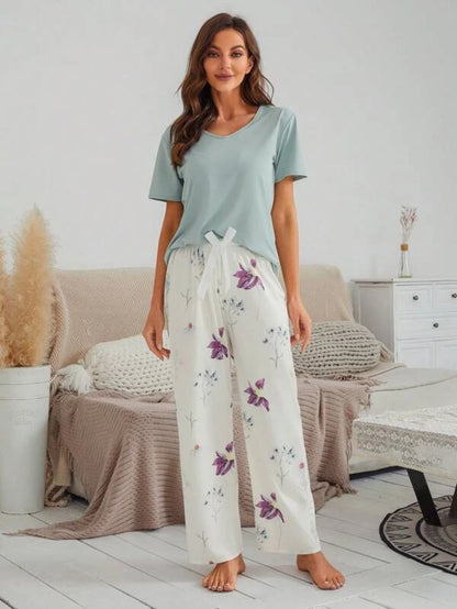 Floral Pattern Bow Front Pajama Set