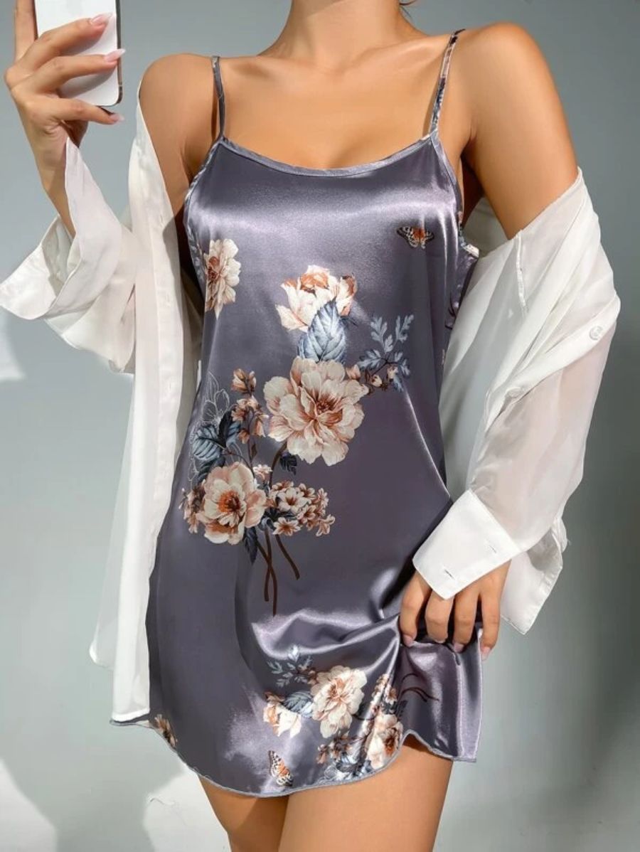 Floral Pattern Satin Cami Nightdress