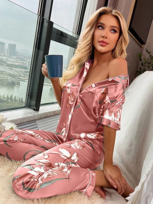 Floral Pattern Satin Lapel Pajama Set