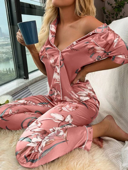 Floral Pattern Satin Lapel Pajama Set