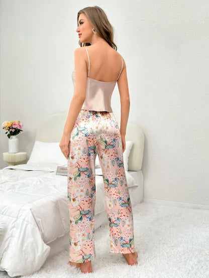 Floral Pattern Satin Pajama Set