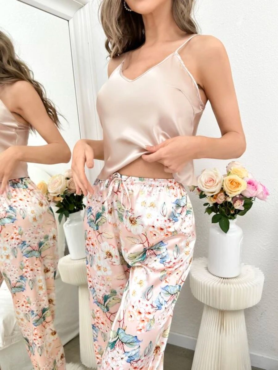 Floral Pattern Satin Pajama Set