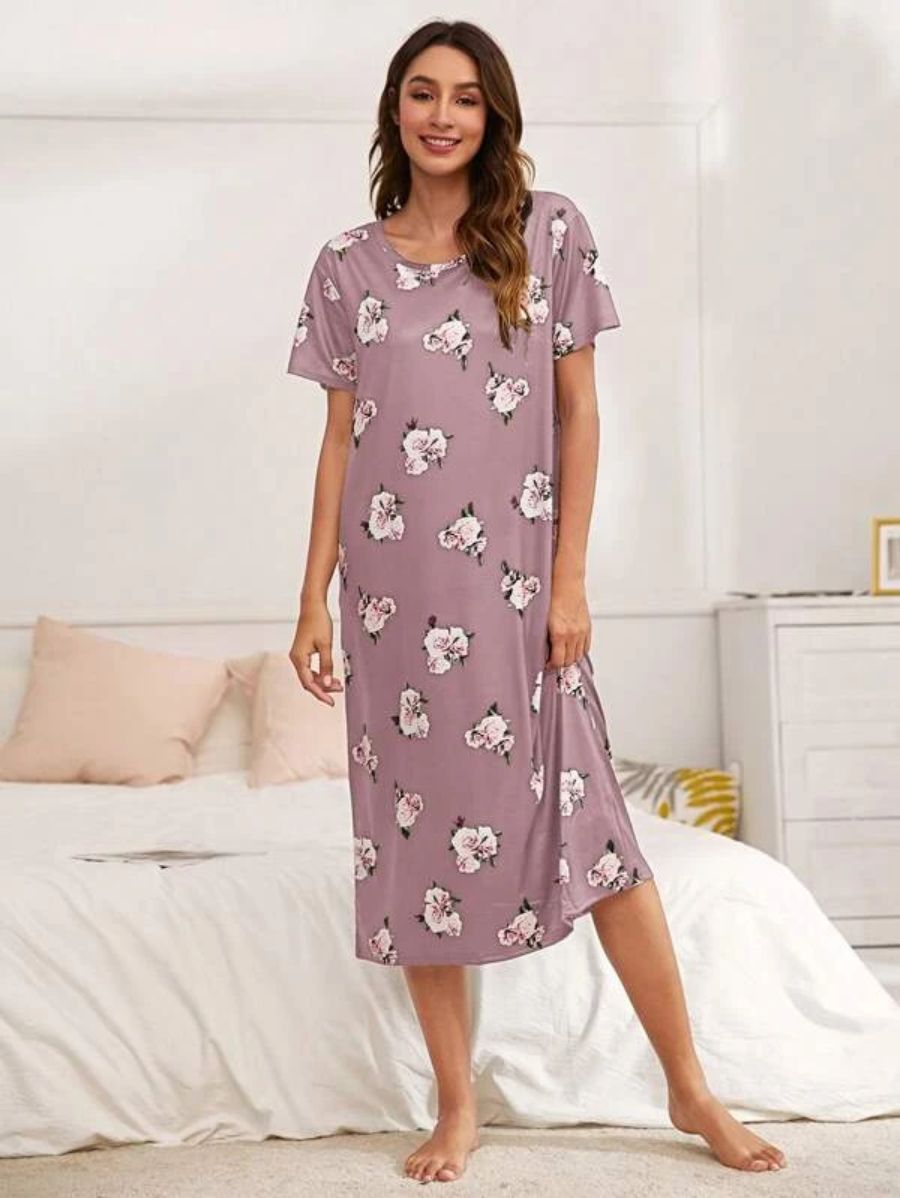 Floral Pattern Scoop Neck Nightdress