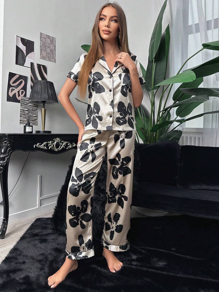 Floral Pocket Print Contrast Piping Satin Set