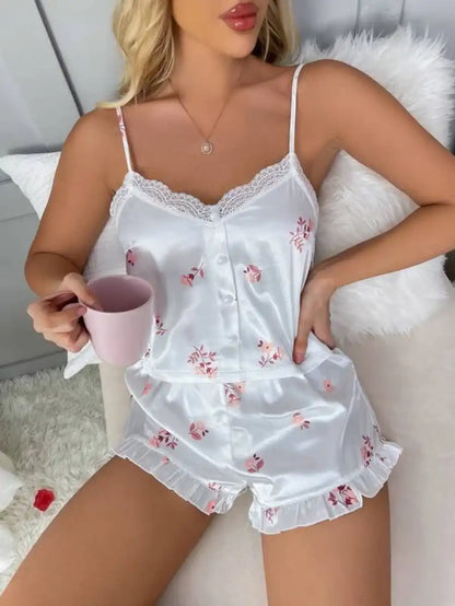 Floral Print Contrast Lace Ruffle Hem Satin Cami Pajama Set