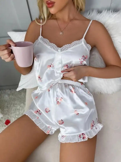 Floral Print Contrast Lace Ruffle Hem Satin Cami Pajama Set