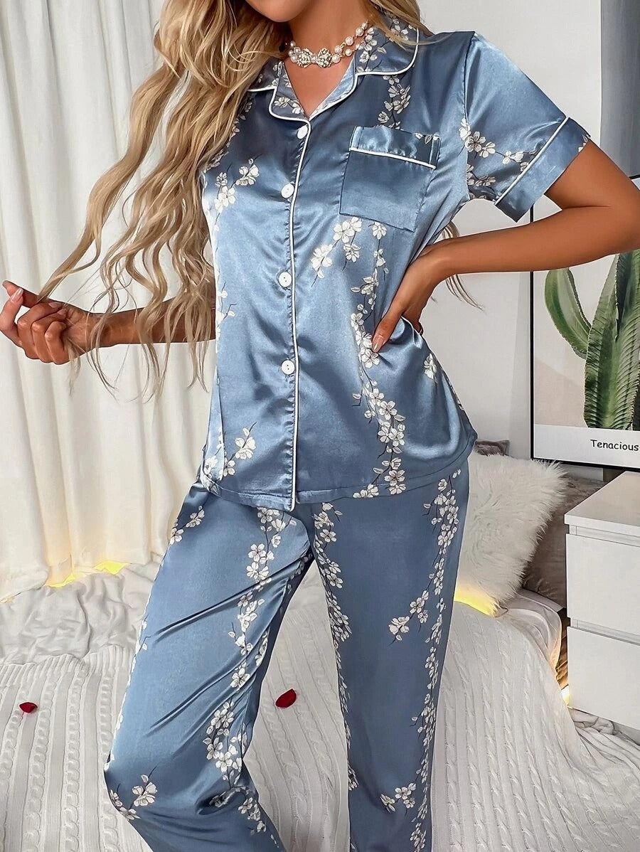 Floral Print Button Through Satin Pajama Set