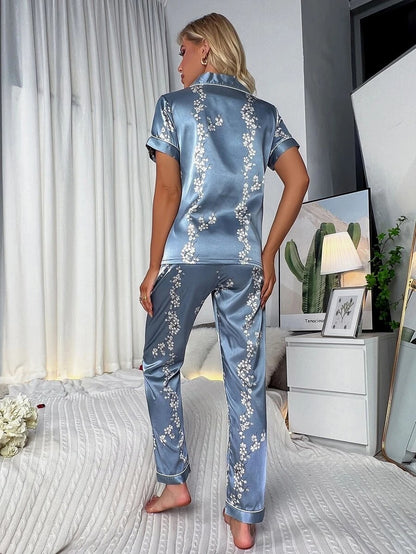 Floral Print Button Through Satin Pajama Set