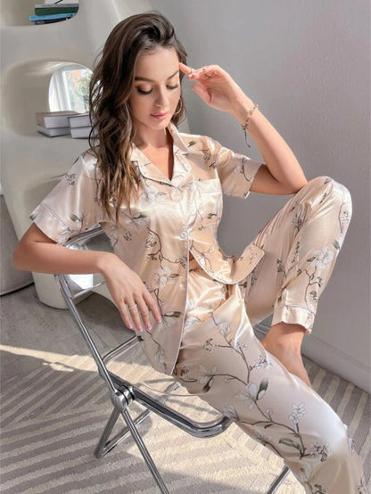 Floral Print Contrast Piping Satin Blouse And Pants Set
