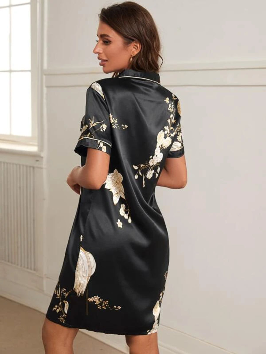 Floral Print Contrast Piping Satin Night Dress
