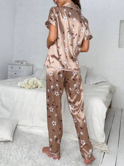 Floral Print Contrast Piping Satin Pajama Set