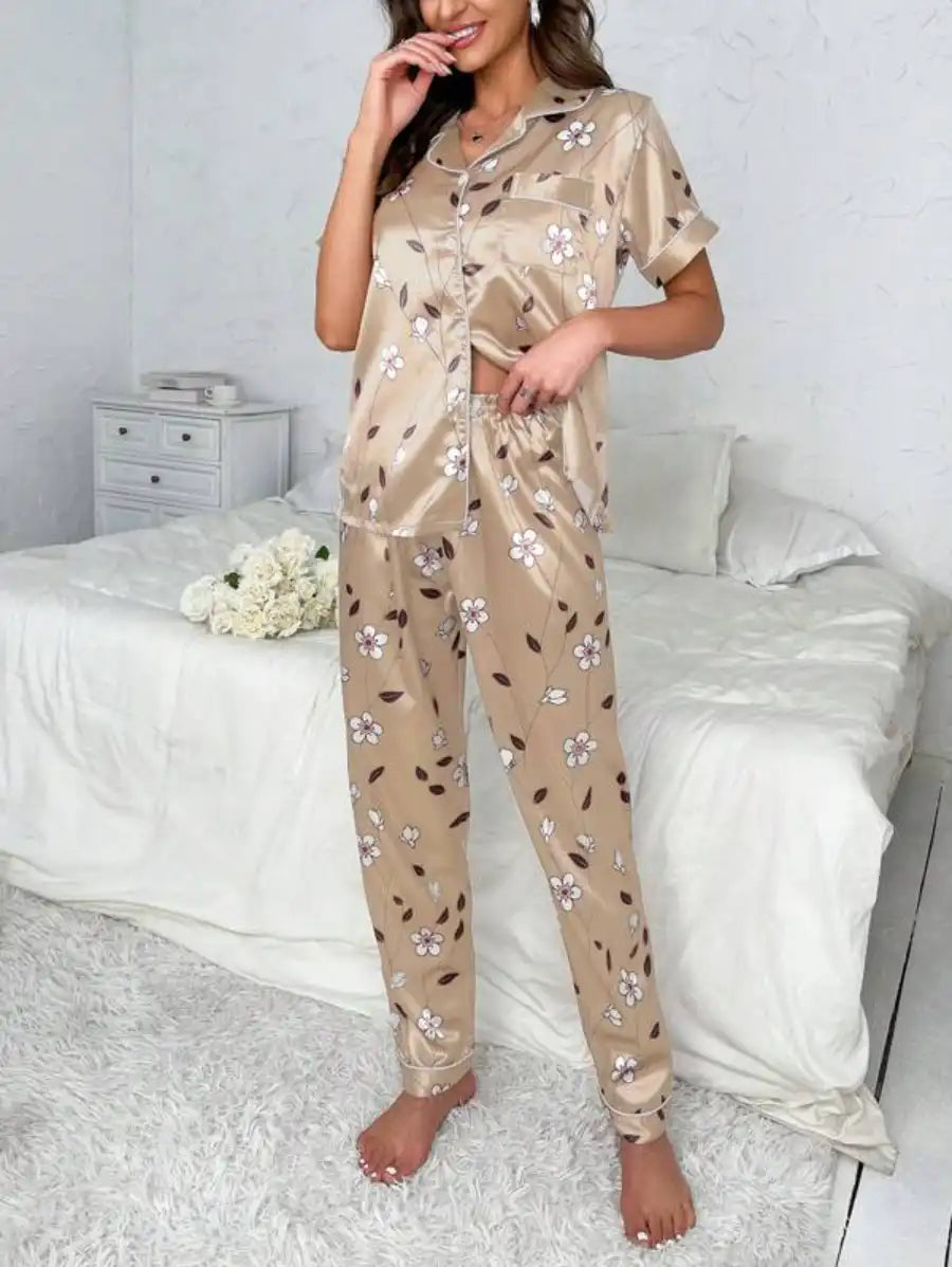 Floral Print Contrast Piping Satin Pajama Set
