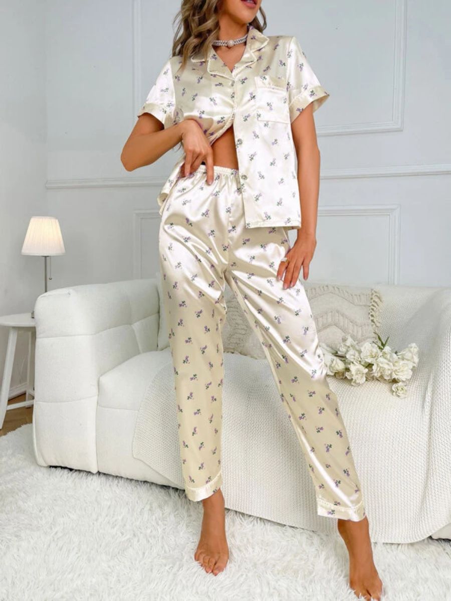 Floral Print Contrast Piping Satin Set Beige