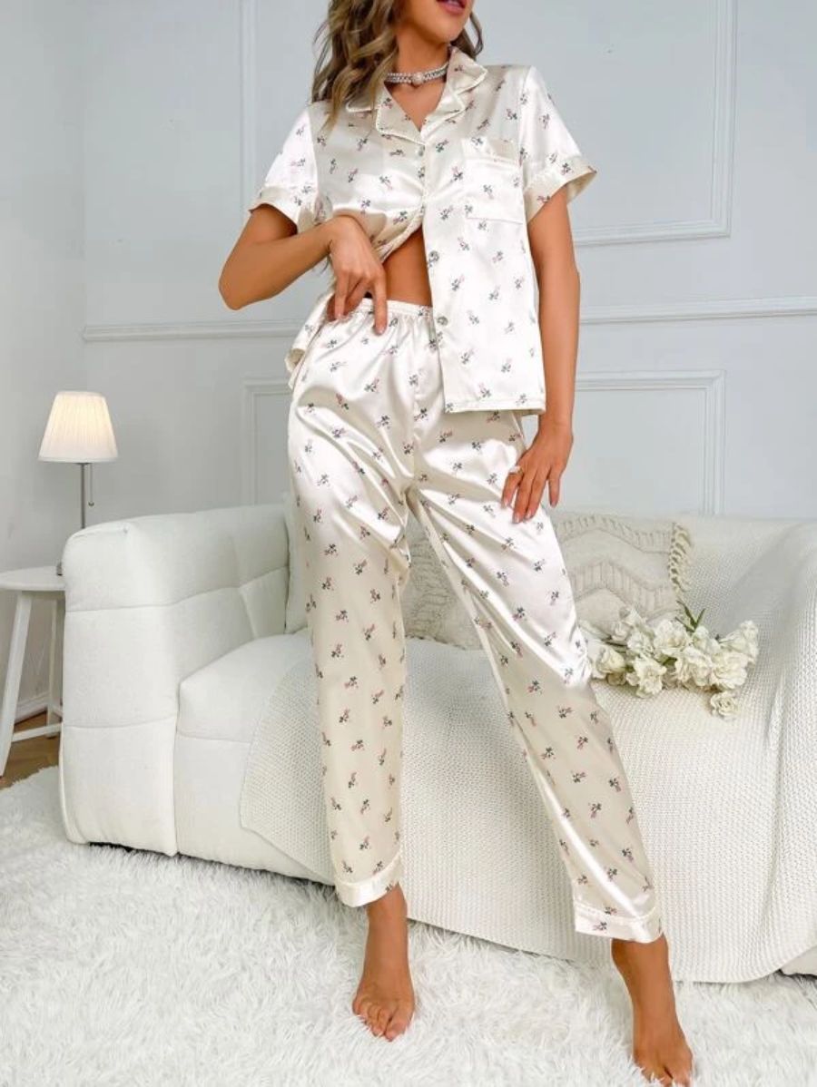 Floral Print Contrast Piping Satin Set White