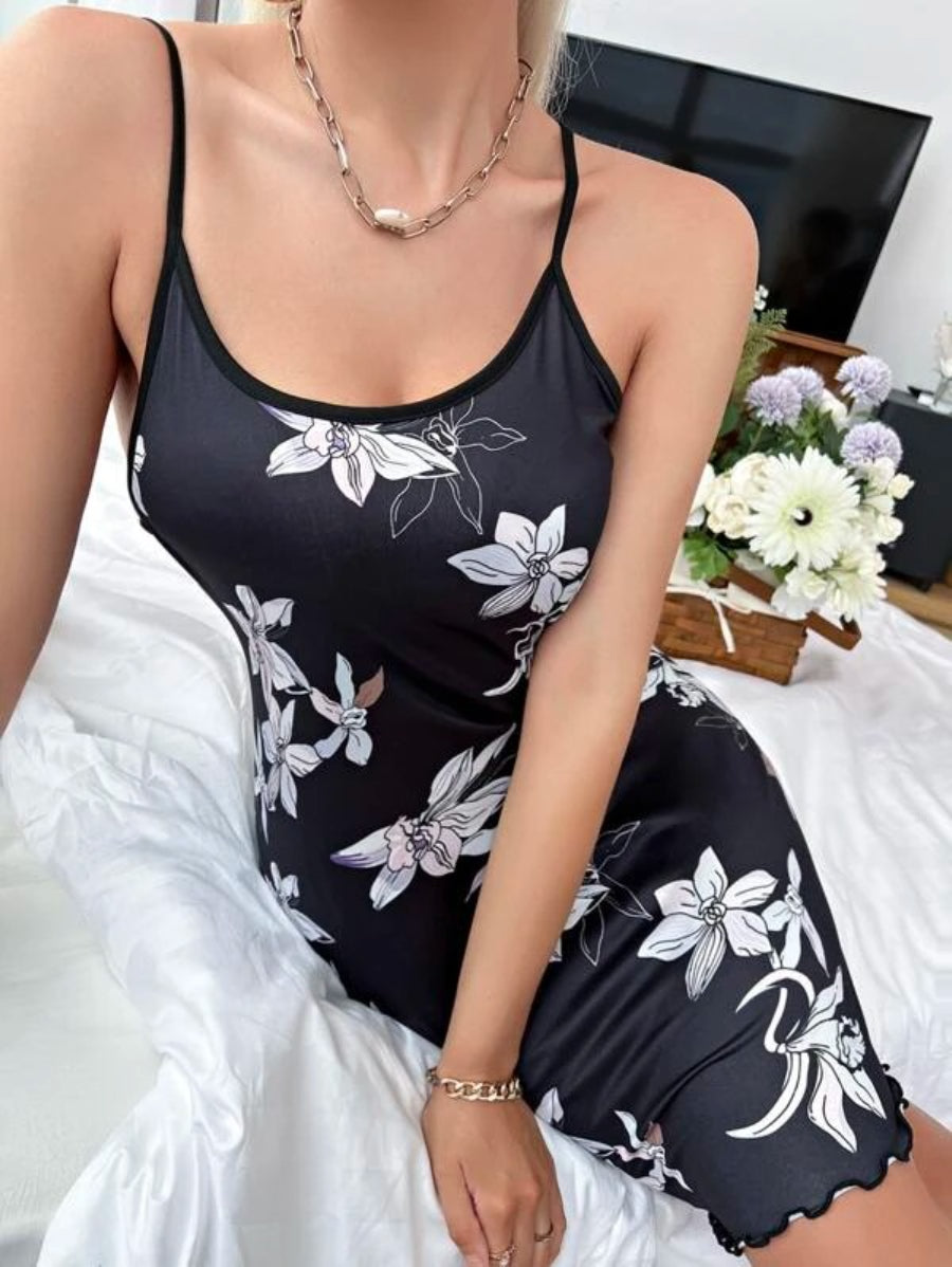 Floral Print Lettuce Trim Cami Night Dress