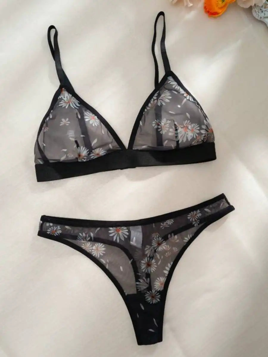 Floral Print Mesh Lingerie Set L