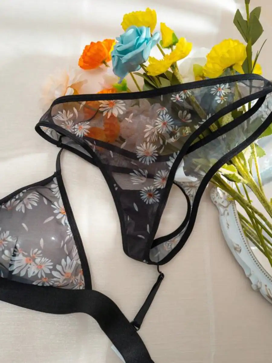 Floral Print Mesh Lingerie Set