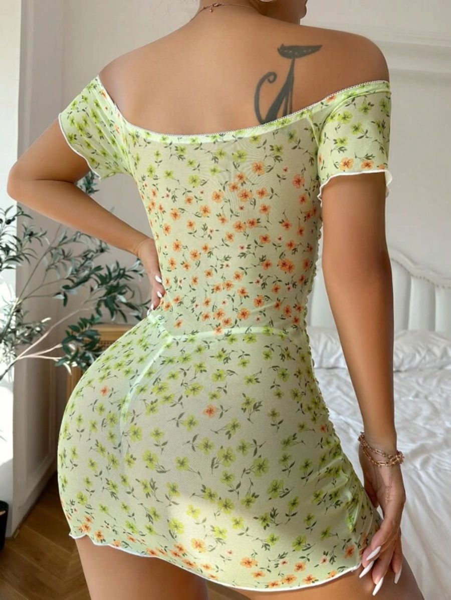 Floral Print Lettuce Trim With Thong