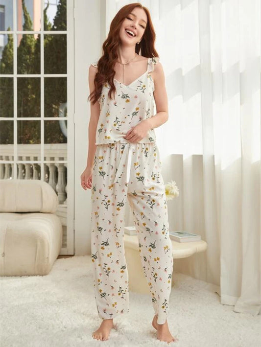 Floral Print Ruffle Trim Top And Pants Set