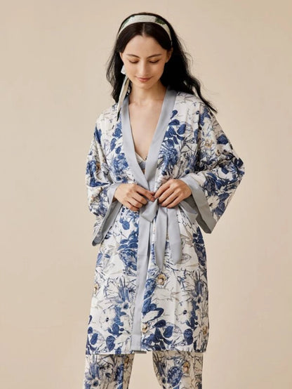 Floral Print Slight Stretch Satin Robe