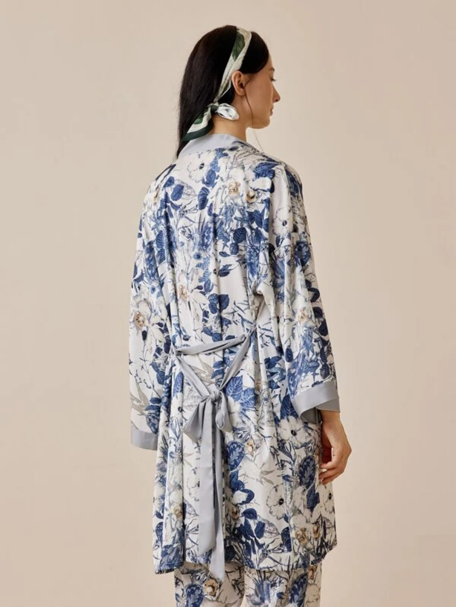 Floral Print Slight Stretch Satin Robe