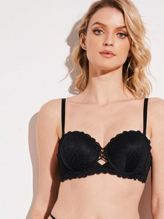 Flower Lace Underwire Bra Black