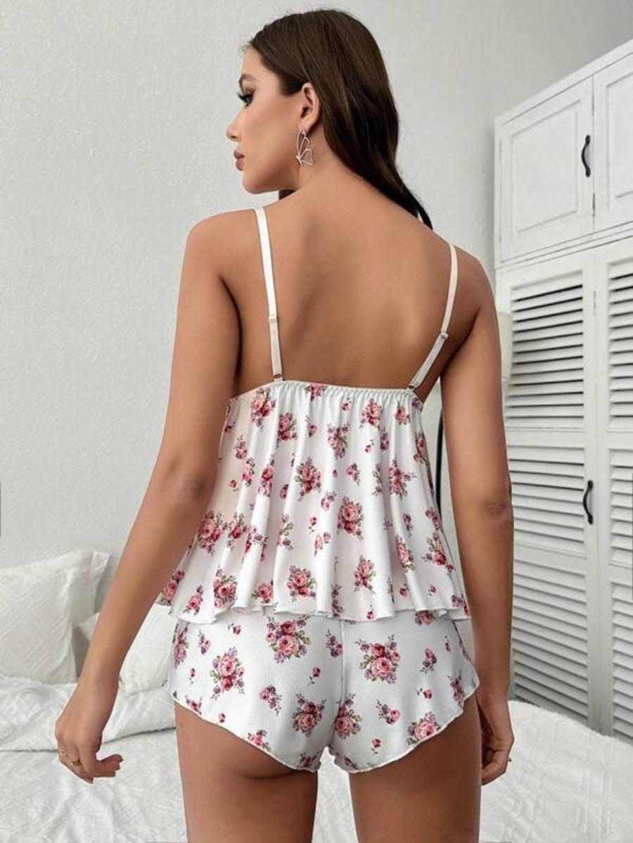 Flower Print Lace Trim Cami Top And Shorts Set