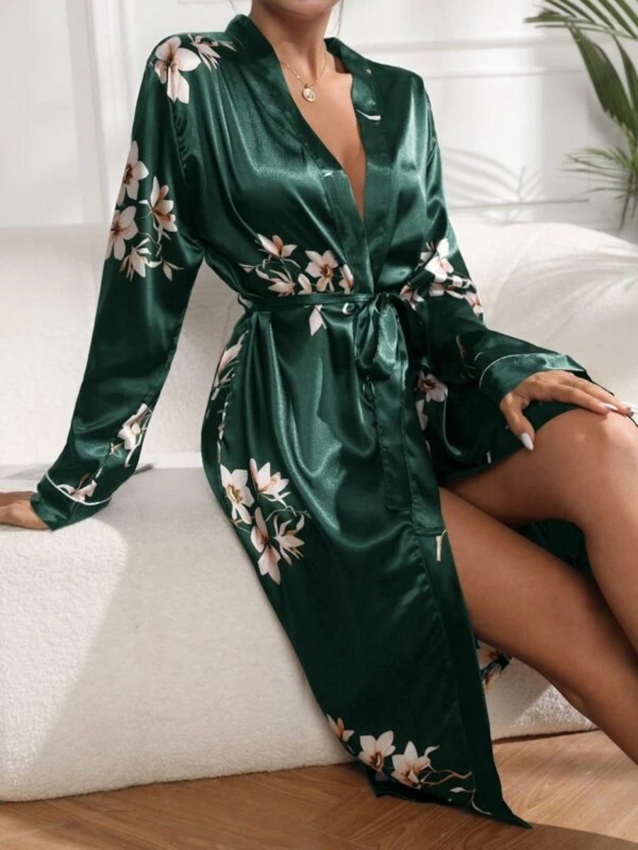 Flower Printed Belted Satin Robe