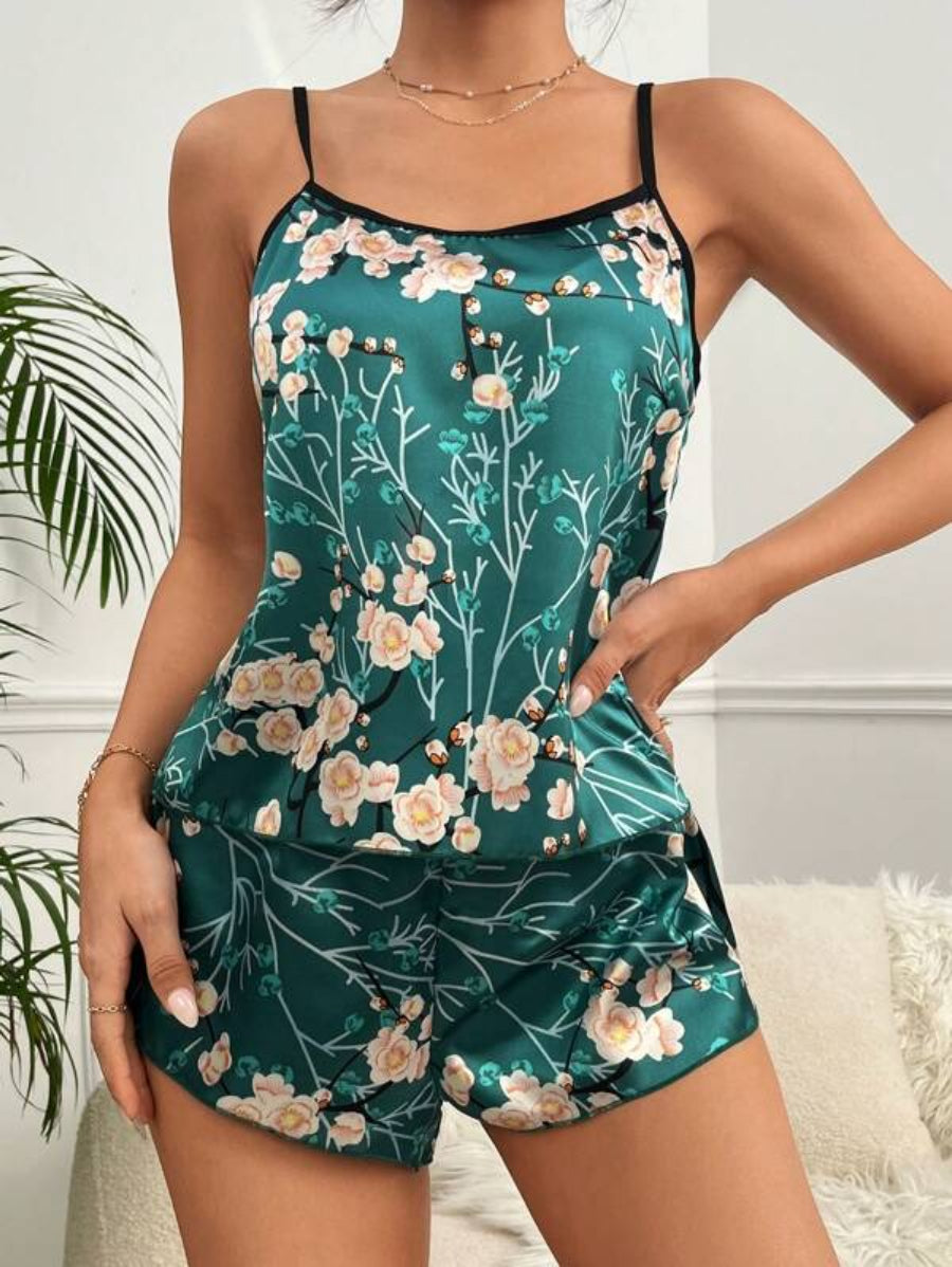 Flower Printed Satin Cami Top And Shorts Set