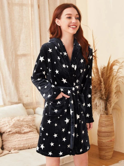 Galaxy Print Self Tie Teddy Robe