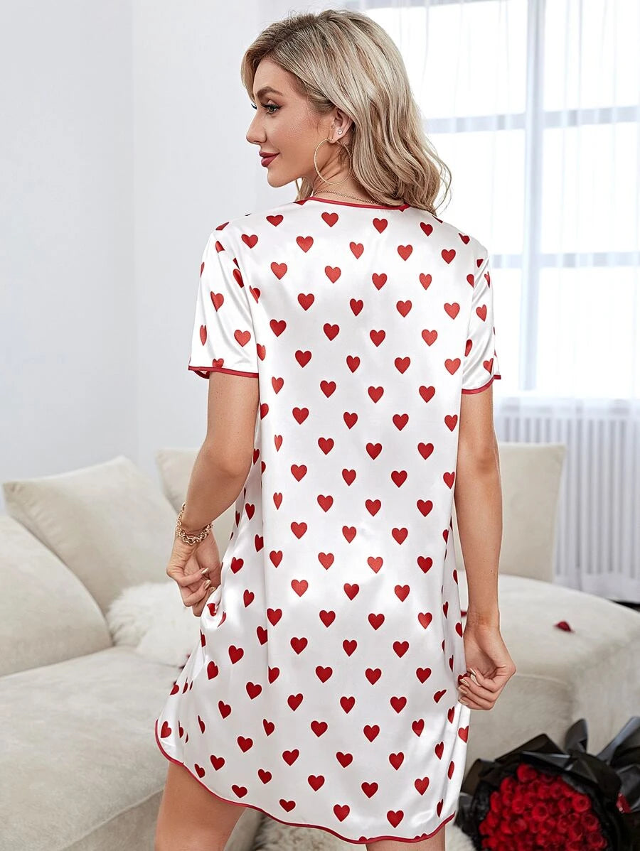 Geometric Print Contrast Piping Satin Nightdress