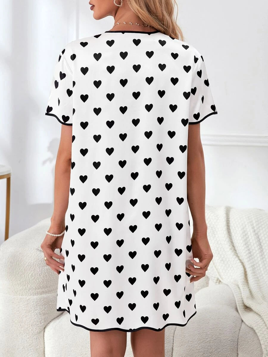 Geometric Print Contrast Piping Satin Nightdress