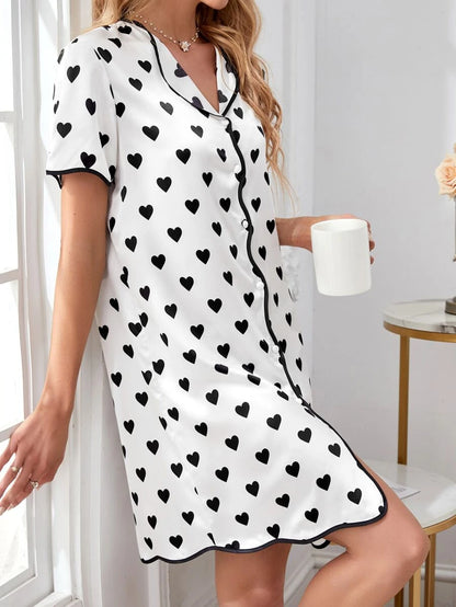 Geometric Print Contrast Piping Satin Nightdress