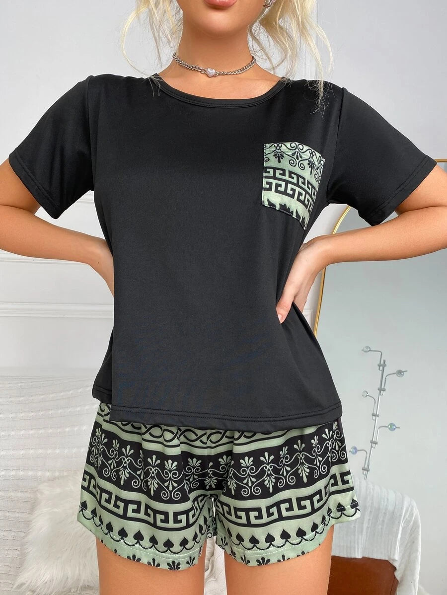 Geometric Tribal Graphic Print Pocket Pajama Set