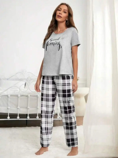Graphic Tee And Plaid Print Pants Pajama Set