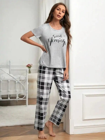 Graphic Tee And Plaid Print Pants Pajama Set