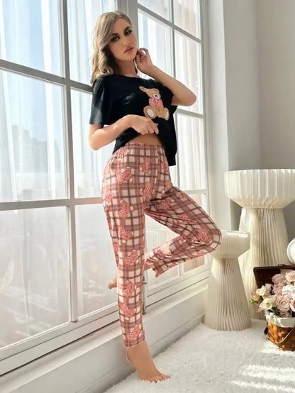 Graphic Tee And Plaid Printed Pants Pajama Set