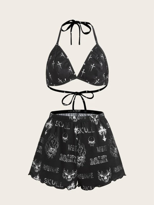 Grunge Punk Letter Graphic Halter Shorts Set