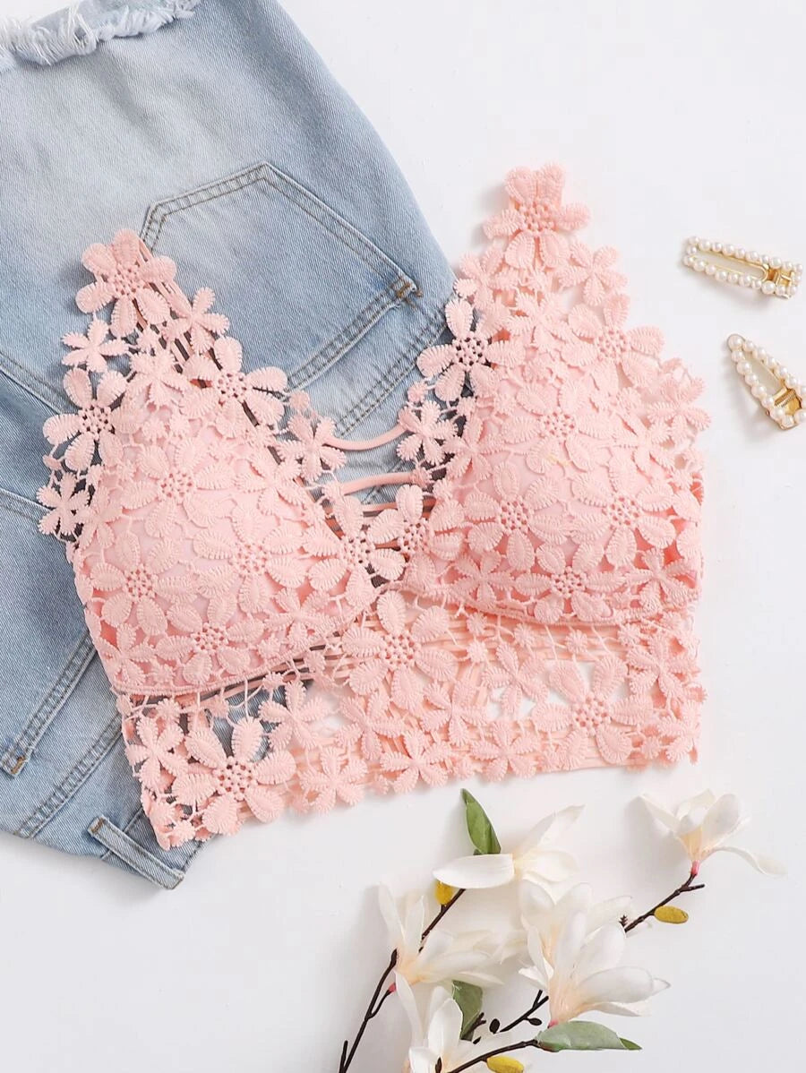 Guipure Lace Longline Bralette Pink