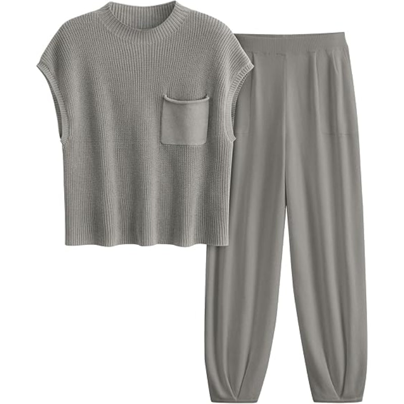 Knitted Tops And Pants Sweatsuit Set Gray