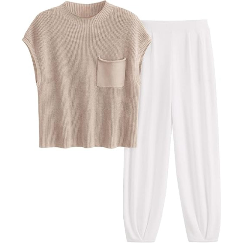 Knitted Tops And Pants Sweatsuit Set Beige