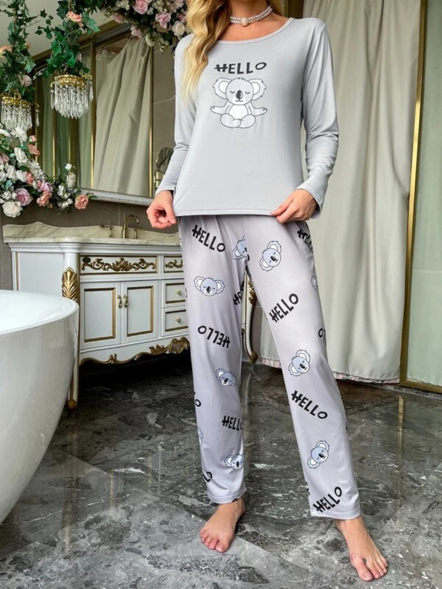 Koala And Letter Graphic PJ Set Gray