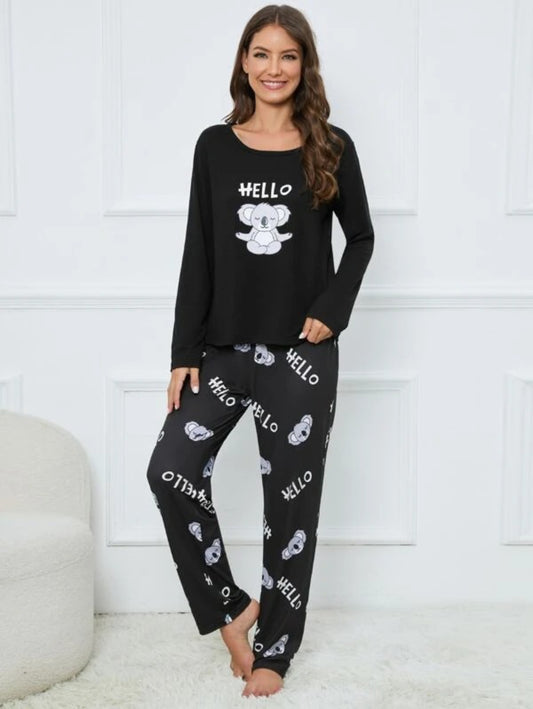 Koala And Letter Graphic PJ Set Black