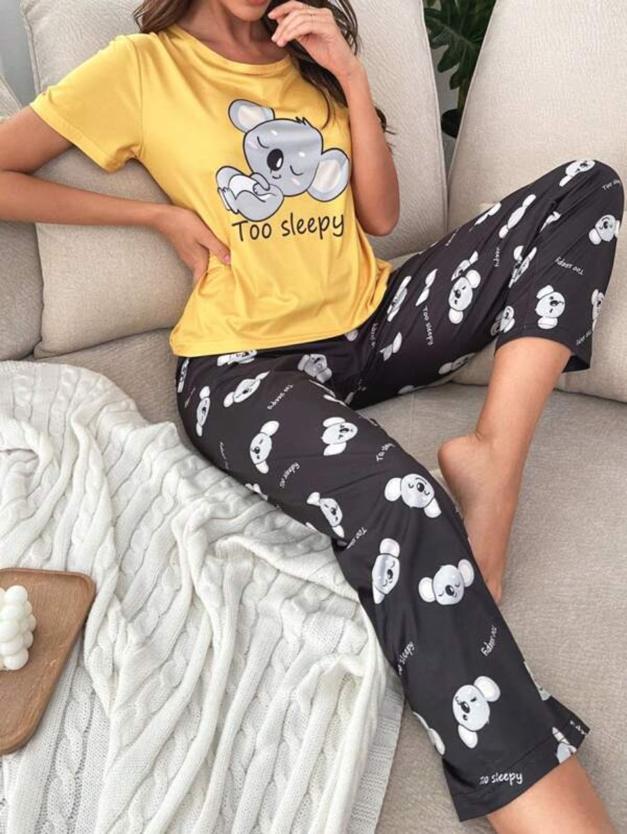 Koala And Letter Graphic Tee And Pants Set