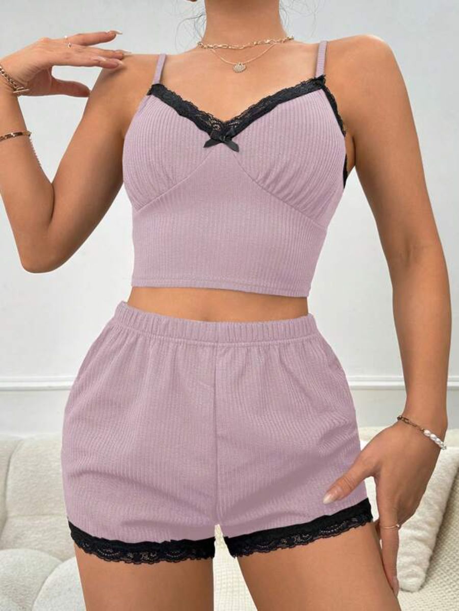 Lace Bow Front Cami Top And Shorts Set Pink