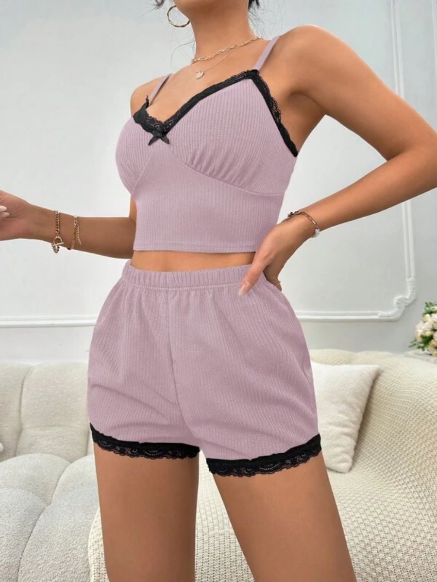 Lace Bow Front Cami Top And Shorts Set