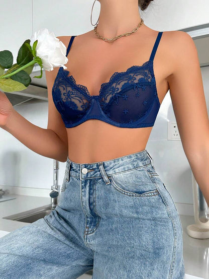 Lace Contrast Embroidery Underwire Bra