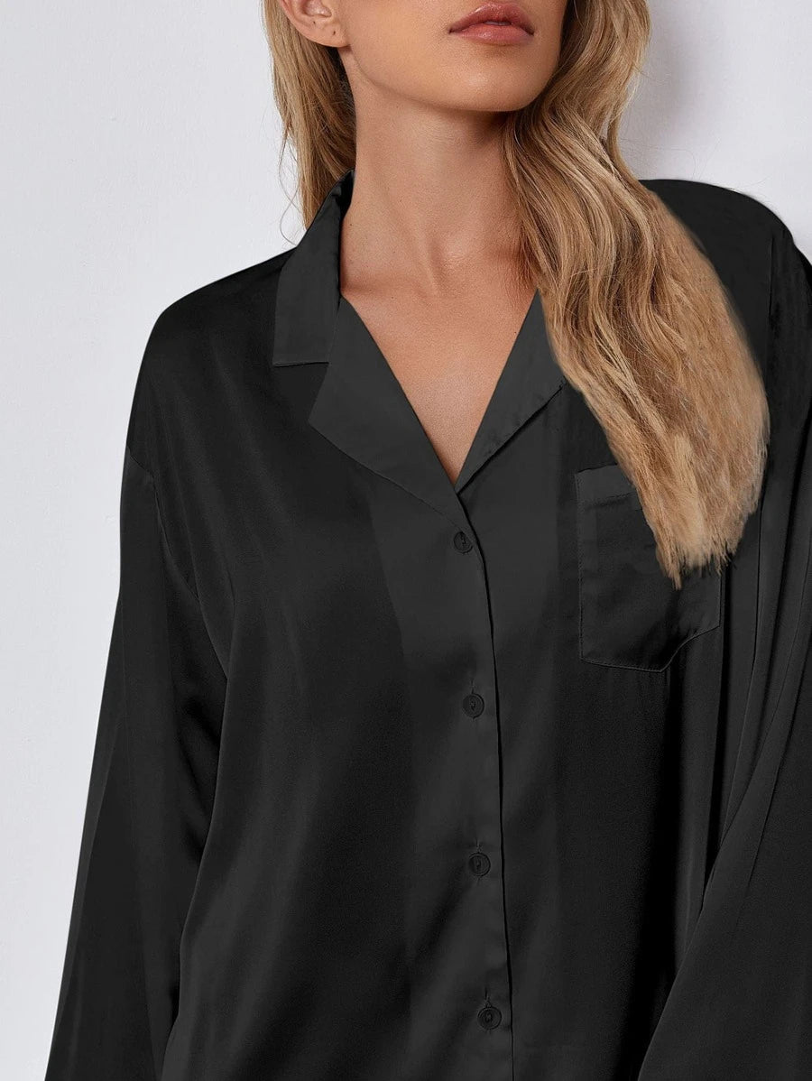 Lapel Collar Satin Nightdress